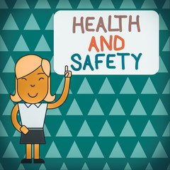 Word writing text Health And Safety question. Business photo showcasing regulations and procedures intended to prevent accident Woman Standing with Raised Left Index Finger Pointing at Blank Text Box