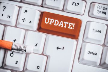 Word writing text UPDATE. Business photo showcasing make something more modern or up to date like software program White pc keyboard with empty note paper above white background key copy space