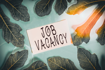 Writing note showing Job Vacancy. Business concept for job that no one is doing and available for someone to do Leaves surrounding notepaper above empty soft pastel table