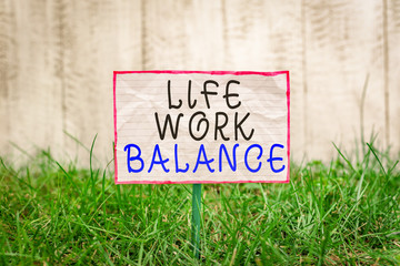 Text sign showing Life Work Balance. Business photo text stability demonstrating needs between his job and demonstratingal time Crumpled paper attached to a stick and placed in the green grassy land