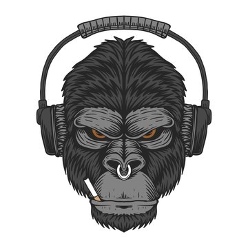 Gorilla headphone cigar vector illustration 