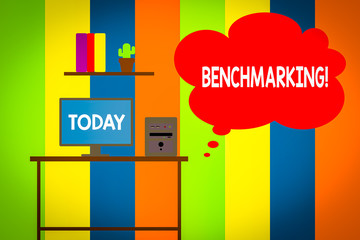 Text sign showing Benchmarking. Business photo showcasing evaluate something by comparison with standard or scores Desktop computer wooden table background shelf books flower pot ornaments