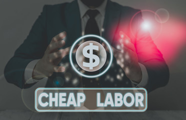 Word writing text Cheap Labor. Business photo showcasing when a demonstrating works hard in bad conditions and very little money