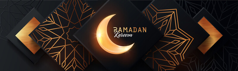 Ramadan background. Creative modern design with geometric arabic gold pattern on textured black background and shining golden crescent moon. Islamic holy holiday Ramadan Kareem. Greeting card, banner © Tanya Shulga