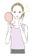 鏡を見て笑顔になる女性　02