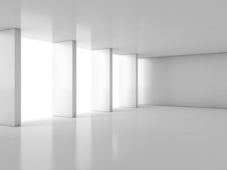 Abstract empty white hall interior with columns near window