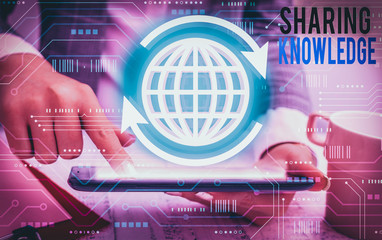 Writing note showing Sharing Knowledge. Business concept for knowledge is exchanged among showing...