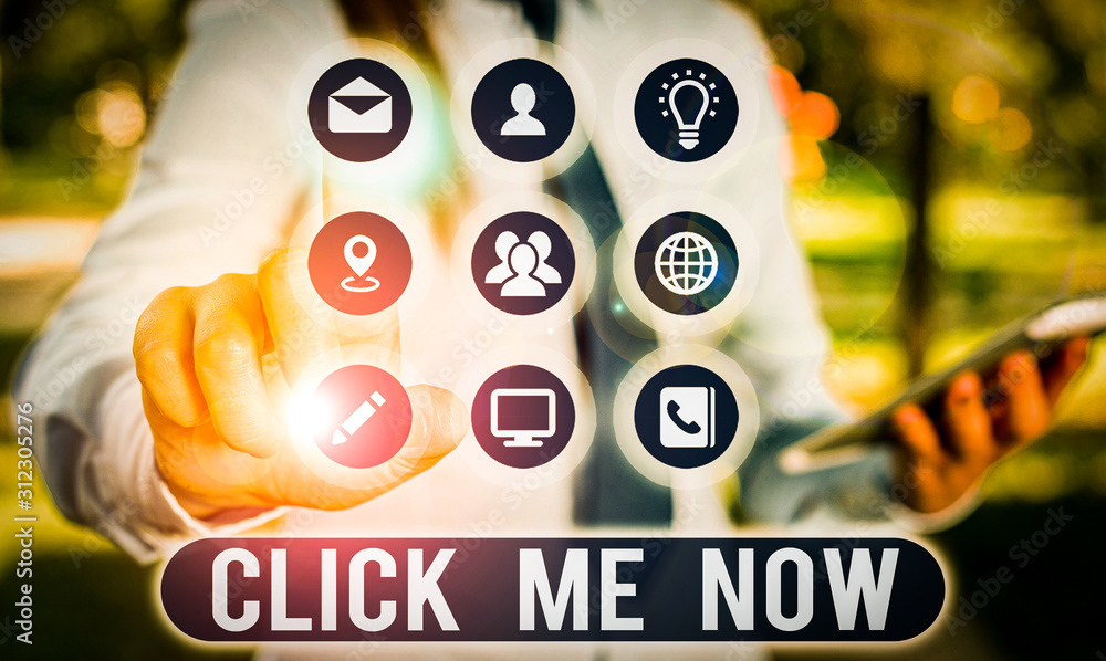 Poster text sign showing click me now. business photo showcasing internet helping desk press the button onl