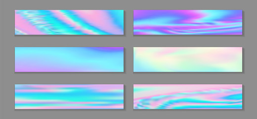 Holography minimal flyer horizontal fluid gradient mermaid backgrounds vector set. Iridescent 