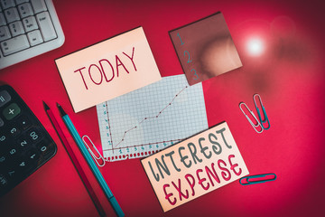 Word writing text Interest Expense. Business photo showcasing cost of debt that has occurred during...