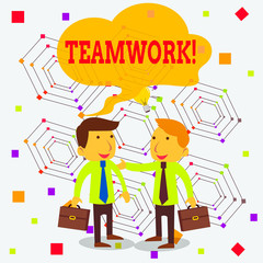 Writing note showing Teamwork. Business concept for combined action of group especially when effective and efficient Two White Businessmen Colleagues with Brief Cases Sharing Idea Solution