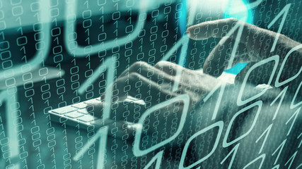Spy man hacking cyber security protection, algorithm for big data analytics