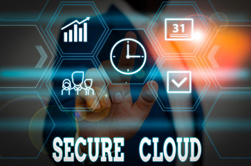 Fototapeta premium Writing note showing Secure Cloud. Business concept for Protect the stored information safe Controlled technology Male wear formal work suit presenting presentation smart device