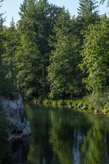 water flowing along green river in washington state in forest