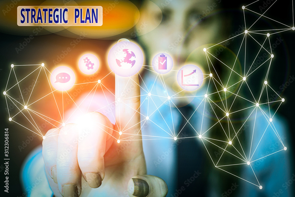 Poster word writing text strategic plan. business photo showcasing a systematic process of envisioning a de
