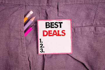 Writing note showing Best Deals. Business concept for very successful transaction or business...