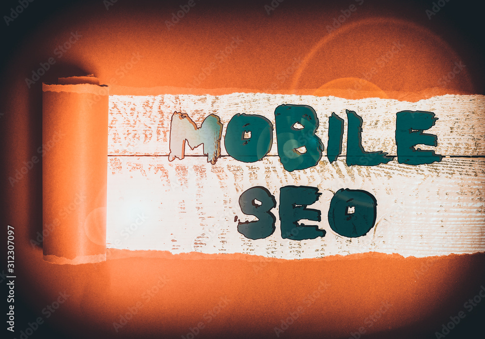 Poster word writing text mobile seo. business photo showcasing process of optimizing a website to rank for 