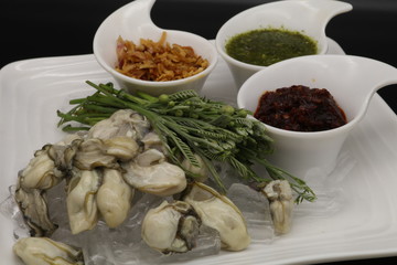 Fresh oyster with seafood sauce, chili paste and acacia on white plate