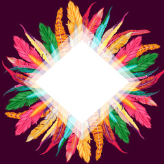  Design template with colorful feathers for invitations, wedding greeting cards, certificate, labels.