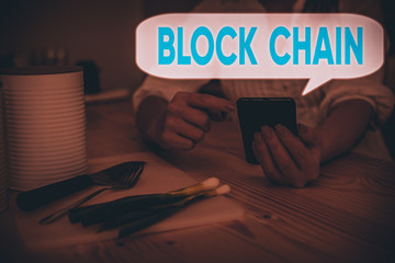 Handwriting text Block Chain. Conceptual photo system in which a record of transactions made in bitcoin