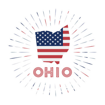 Ohio sunburst badge. The us state sign with map of Ohio with American flag. Colorful rays around the logo. Vector illustration.