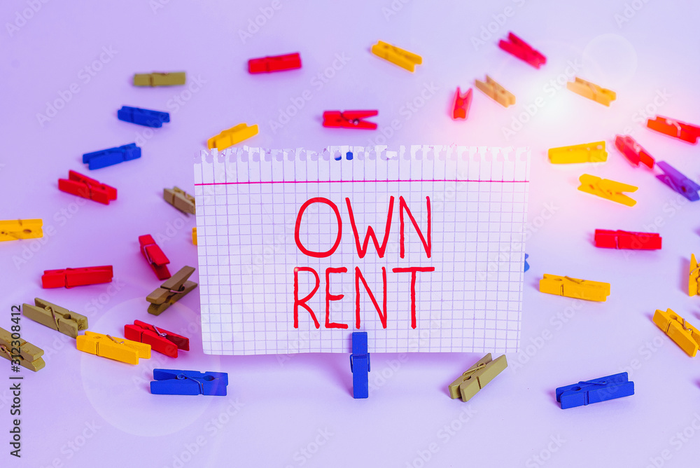 Poster writing note showing own rent. business concept for tangible property is leased in exchange for a mo