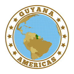 Guyana logo. Round badge of country with map of Guyana in world context. Country sticker stamp with globe map and round text. Vector illustration.