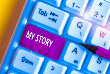 Writing note showing My Story. Business concept for the things or situations that have happened to someone in life White pc keyboard with note paper above the white background