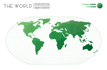 Abstract world map. Wagner VI projection of the world. Yellow Green colored polygons. Creative vector illustration.