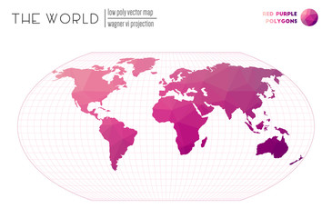 Abstract geometric world map. Wagner VI projection of the world. Red Purple colored polygons. Contemporary vector illustration.