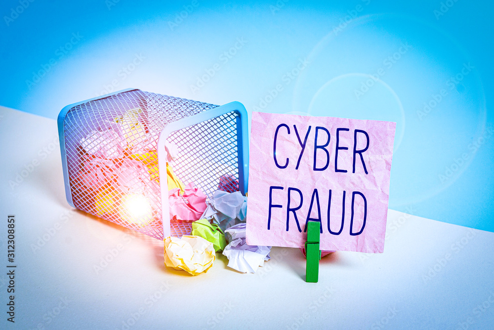 Aufkleber conceptual hand writing showing cyber fraud. concept meaning any crime that is committed with the us