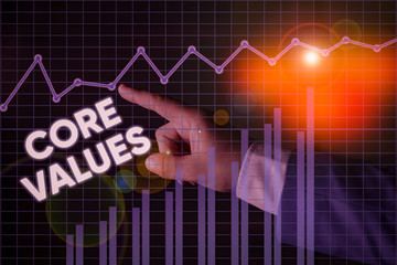Writing note showing Core Values. Business concept for the fundamental beliefs or principle of a...