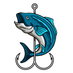 Blue Fish wrapped around hook logo for fly fishing shop and fisherman activity club badge vector illustration design