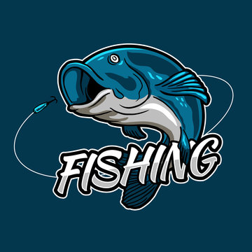 Fishing esport style badge logo design. Fish jumping for bait hook with typography text for fishing tournament event and fisherman club.