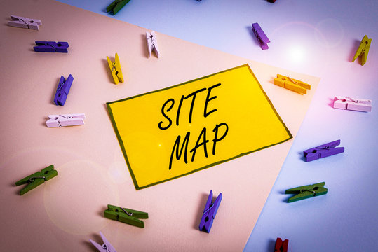 Word writing text Site Map. Business photo showcasing designed to help both users and search engines navigate the site Colored clothespin paper empty reminder yellow blue floor background office