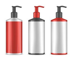 Blank glossy bottle with pump dispenser, realistic vector illustration. Cosmetic product packaging set in black, white, red colors