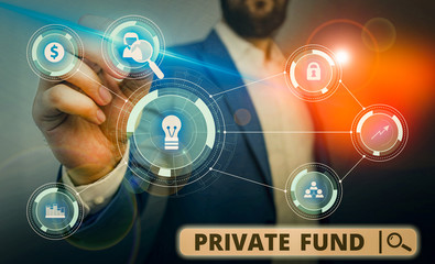 Word writing text Private Fund. Business photo showcasing collective investment scheme used for making investments Male human wear formal work suit presenting presentation using smart device