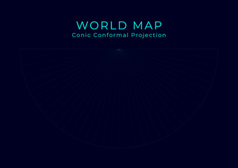 Map of The World. Lambert conformal conic projection. Futuristic Infographic world illustration. Bright cyan colors on dark background. Powerful vector illustration.
