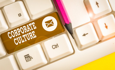Writing note showing Corporate Culture. Business concept for pervasive values and attitudes that...