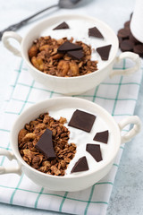 Granola, oatmeal with chocolate food background