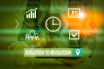 Word writing text Evolution To Revolution. Business photo showcasing adapting to way of living for creatures and huanalysiss Woman wear formal work suit presenting presentation using smart device