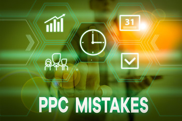 Conceptual hand writing showing Ppc Mistakes. Concept meaning judgment that is misguided or wrong in pay per click scheme Woman wear work suit presenting presentation smart device
