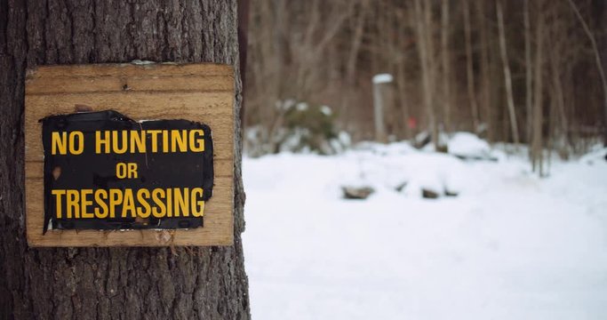 No hunting or trespassing sign nailed to a tree