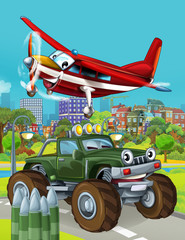 Obraz na płótnie Canvas cartoon scene with military army car vehicle on the road and plane flying over - illustration for children