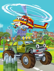 Obraz na płótnie Canvas cartoon scene with military army car vehicle on the road and fireman helicopter flying over - illustration for children