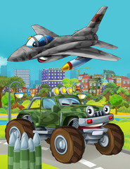 cartoon scene with military army car vehicle on the road and jet plane flying over - illustration for children