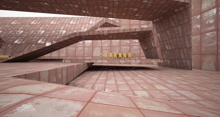Obraz premium Abstract architectural concrete and rusted metal interior of a minimalist house with swimming pool and large window. 3D illustration and rendering.