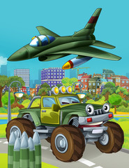 cartoon scene with military army car vehicle on the road and jet plane flying over - illustration for children