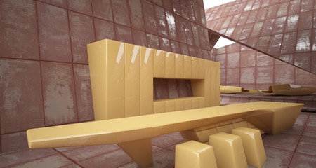 Abstract architectural concrete and rusted metal interior of a minimalist house with swimming pool and large window. 3D illustration and rendering.