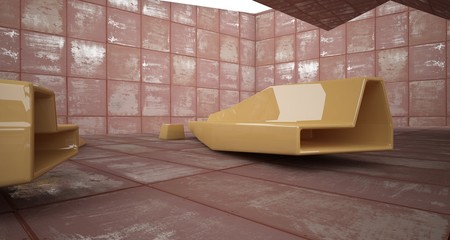 Abstract architectural concrete and rusted metal interior of a minimalist house with swimming pool and large window. 3D illustration and rendering.
